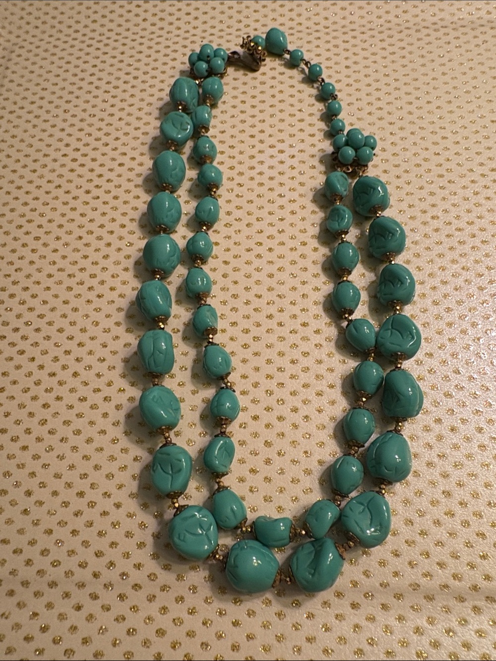 Miriam Haskell Signed Double Strand Turquoise Bead Necklace with Gold Accents